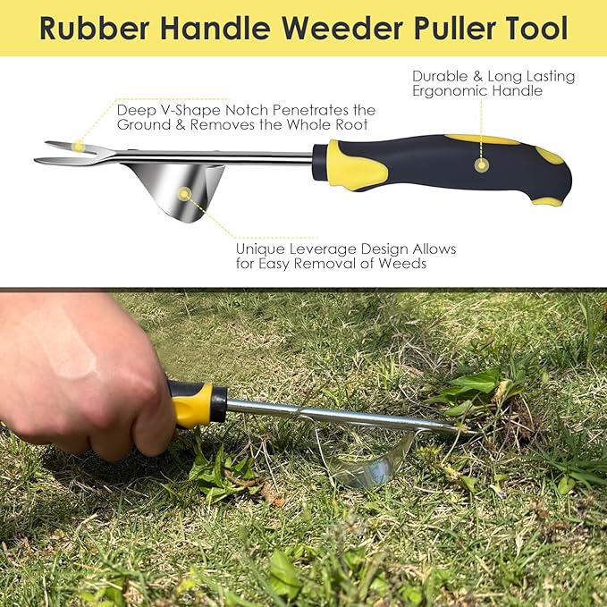 Weed Puller Tool, New 6 Teeth Garden Weed Remover Tool, Stainless Steel Rubber Handle Manual Weeder Tool, Uprooting Weeding Tool for Gardening Farm Planting & Weeding