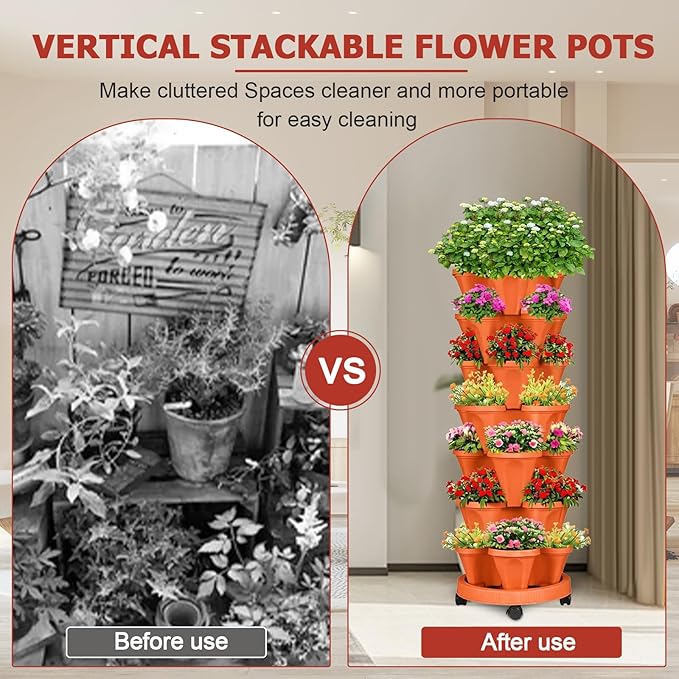7 Tier Vertical Strawberry Planter-Tower Stackable Herb Planter Stacking Garden Planters Pot Outdoor with Tools Mover for Growing Flowers, Vegetables and Succulents, Red