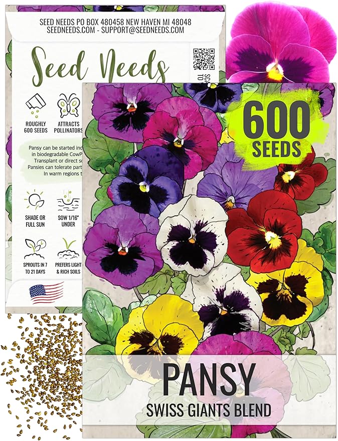 Seed Needs, Swiss Giants Pansy Seeds - 600 Heirloom Seeds for Planting Viola wittrockiana - Annual Edible Flowers that Attract Butterflies & Other Pollinators (1 Pack)