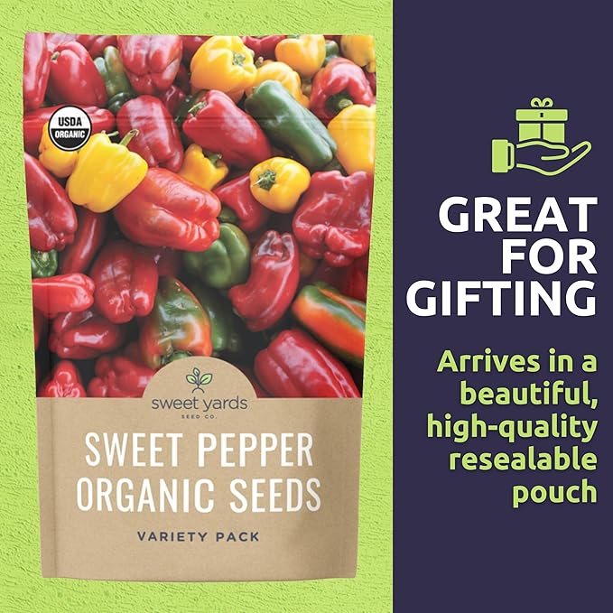 Organic Sweet Pepper Seeds Variety Pack - 5 Individual Packs - 2026 Season - Red, Yellow, Green and More! for Indoor & Outdoor Planting (Non-GMO, Certified Organic)