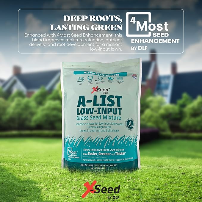A-List Low Input Mixture Lawn Seed - Premium Grass Seeds for Lawn Repair Over Seeding and Thickening Ideal for Low Maintenance Drought-Resistant Lawn for High Traffic Sun and Light Shade Mix, 3 Pounds
