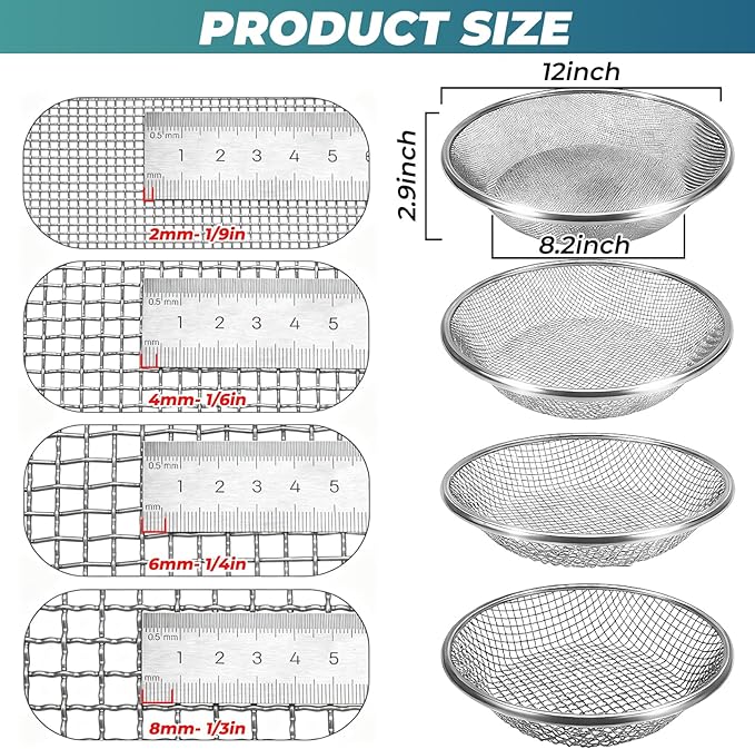 QwayHome 4Pcs Soil Sifter for Gardening, Heavy Duty Galvanized Steel Screen with 4 Aperture Sizes (2/4/6/8mm), Rust-Resistant Sifter Fits 5 Gallon Bucket for Compost, Dirt, Sand,Rock & Shell Sifting