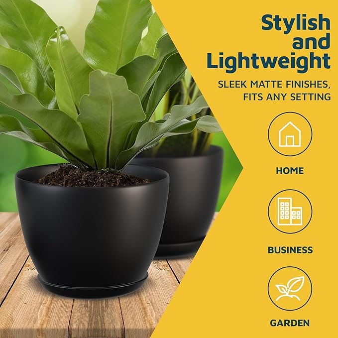 Black Plant Pots with Drainage Holes & Saucers 15 Pack, Indoor & Outdoor Stackable Space-Saving Planters for Houseplants & Flowers, (7", 6.7", 6", 5.3", and 4.8" Inches), Durable & Weatherproof