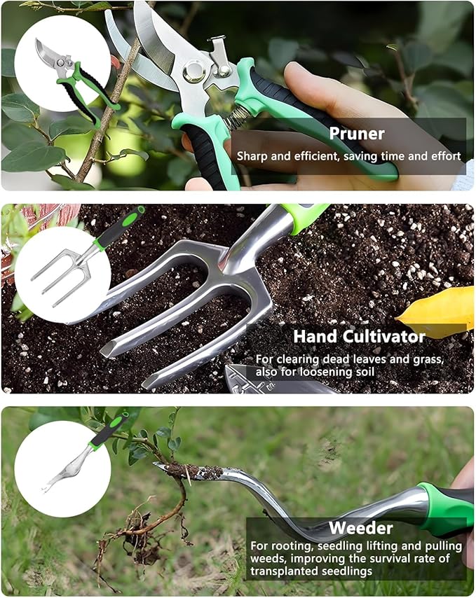 Garden Tool Set, Heavy Duty Gardening Tools with Non-Slip Rubber Grip, Includes Shovel Trowel Fork Rake Gardening Gloves Organizer Handbag, Gifts for Women and Men (Professional Set (10 PCS))