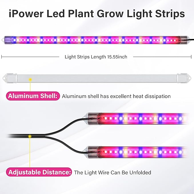 iPower 20W Full Spectrum LED Plant Grow Light Strips for Indoor Plants with Auto ON/Off 3/9/12H Timer, 10 Dimmable Levels 48 LEDs Per Tude, for Hydroponics Succulent, 2 Tubes, Mix