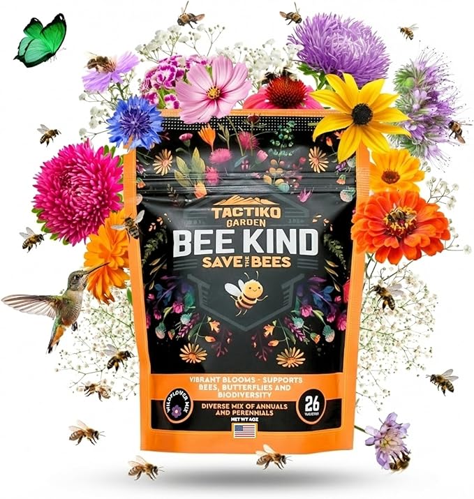 Tactiko Garden 26 Wildflower Seeds Mix, 120,000+ 4 oz Save The Bees Wildflower Garden Seeds, Annual & Perennial Pollinator Seeds to Attract Bees, Butterflies & Hummingbirds, Up to 600 sq ft Coverage