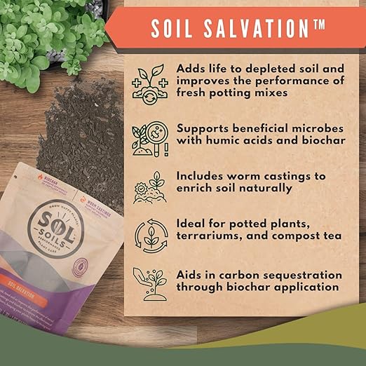 Sol Soils Sol Biotics Soil Salvation – Soil Enhancer with Microbial Booster to Enhance The Health & Vitality of Potting Mixes - Includes Worm Castings, Humic Acids & Biochar for Plants - 4oz