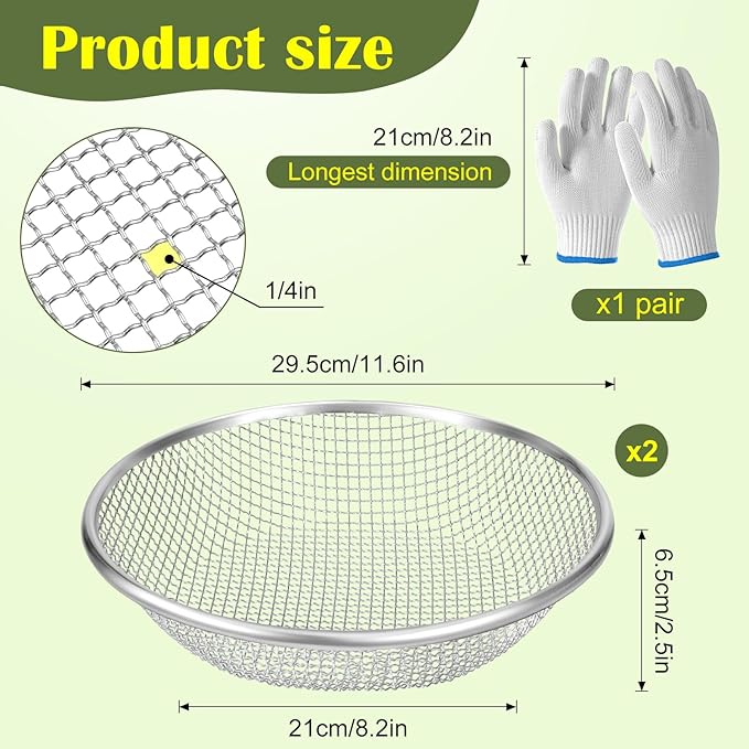 2PCS 1/4 Inch Mesh Soil Sifter for Gardening,Compost Sifter for 5 Gallon Buckets,Garden Sieve Rock Sifters for Captures Dirt Rocks Sawdust,Includes Gloves