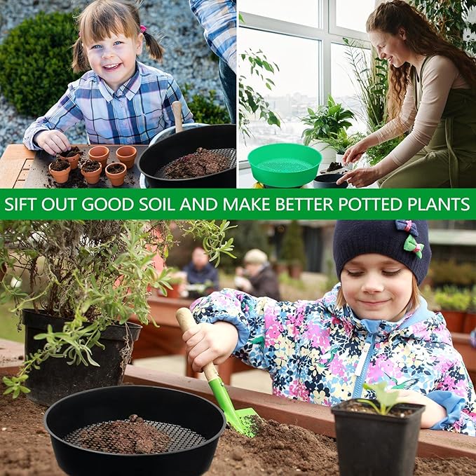 4 Pack Garden Soil Compost Sifter Round Plastic Sand Sieve, Sifting Pan Set for Gardening Home Plant Work with Small Rocks Gravel Sand