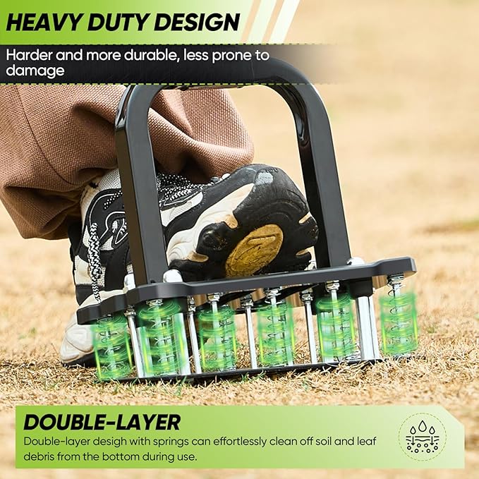 Saker Lawn Aerator Tool, 2026 Upgraded Manual Lawn Aerator with 15-Spike Heavy-Duty Yard Aeration Tool with Spring-Loaded Design, for Loosening Soil Aerating Patio, Yard, Garden Dark Black