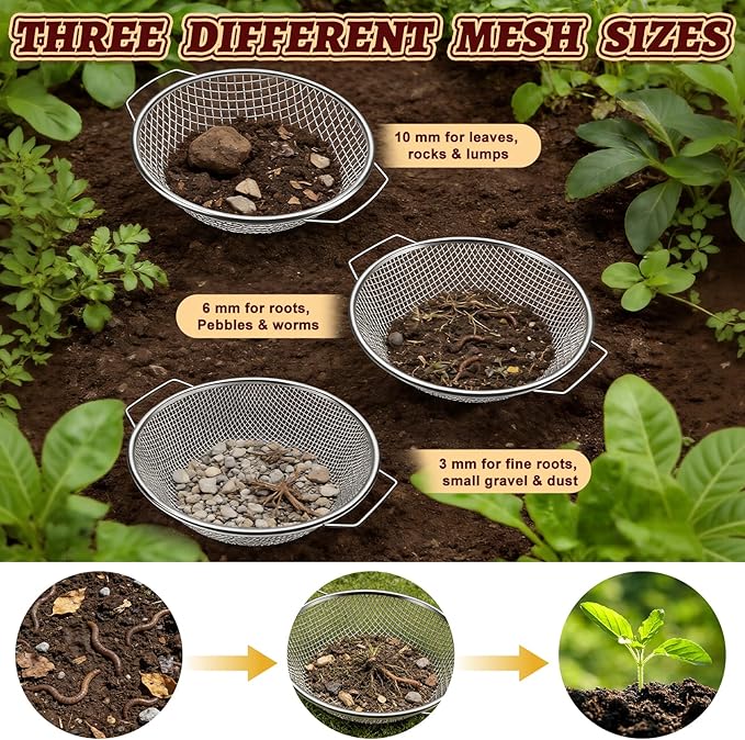 3PCS Soil Sifter for Gardening, Rock Soil Sifter with Handle Compost Sifting Screen for 5 Gallon Buckets Garden Metal Sieve Strainer with Shovel 3,6,10mm Mesh Sizes Remove Stone Fine Gravel Sand Dirt﻿