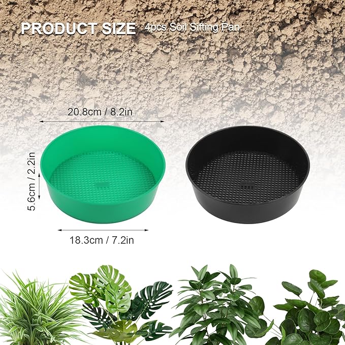 4 Pack Garden Soil Compost Sifter, Rock Garden Sieve, Plastic Sifting Pan Set for Home Plant Work with Small Gravel and Sand