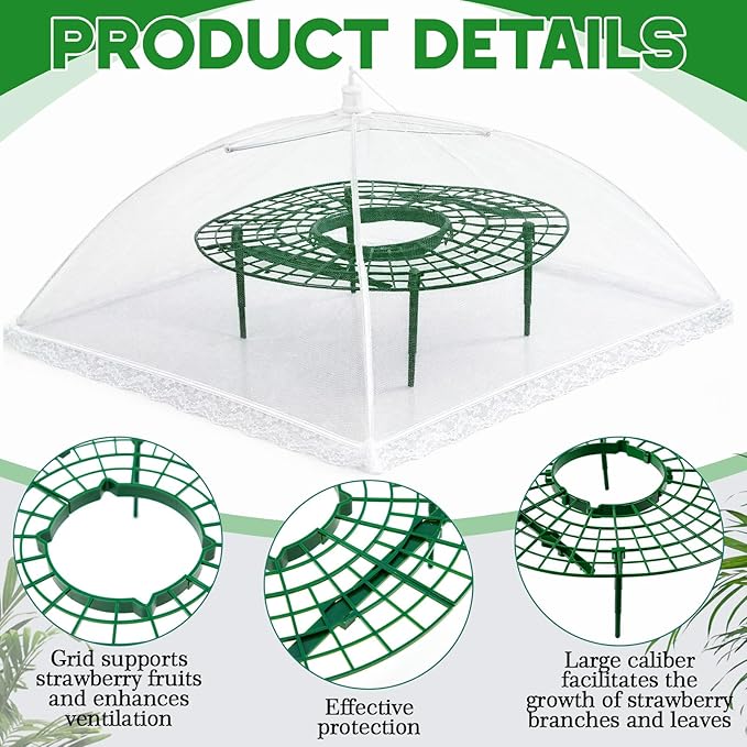 12 Sets Round Strawberry Plant Support with Mesh Plant Cover, Strawberry Growing Kit with Iron Nails for Garden Vegetables Keep Berries Clean