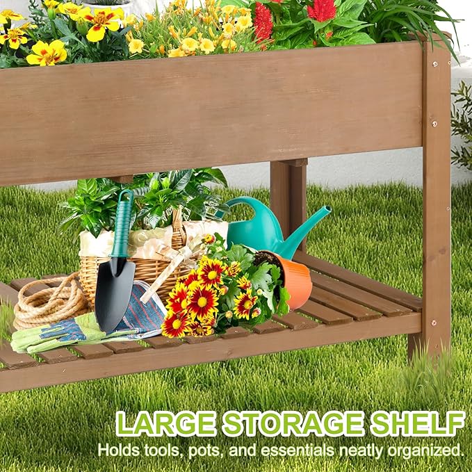 ketive Raised Garden Bed with Legs - Elevated Wooden Planter Box, Durable Fir Wood, Reinforced Frame with Drainage Holes, Liner, and Storage Shelf for Vegetables, Herbs, Flowers, 47" x 23" x 30"
