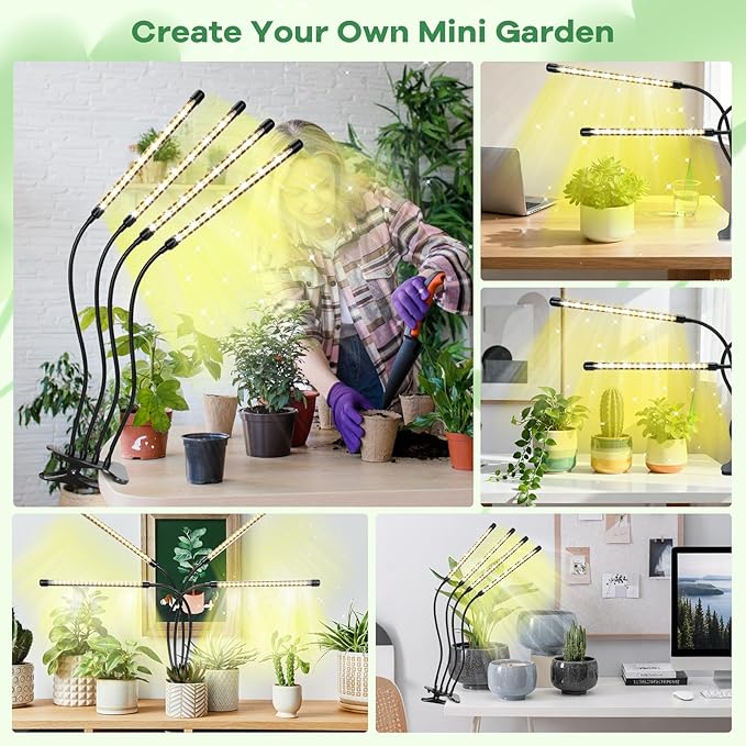 Led Grow Lights, 4 Heads Full Spectrum Plant Light with Clamp for Indoor Plants & Seed Starting, 10-Level Dimmable, Auto On Off, Timing 3 9 12Hrs