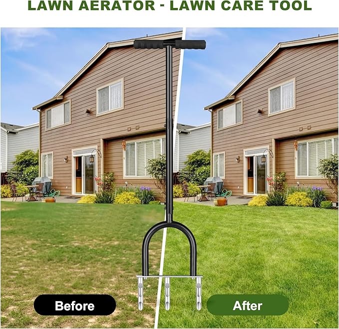 Manual Lawn Aerator Tool, 3 Hollow Tines Plug Lawn Core Aerator, Heavy Duty Hand Soil Aerator Tool with Adjustable Handle, Grass Aeration Garden Tools for Lawn Care, Compacted Soil, Yard