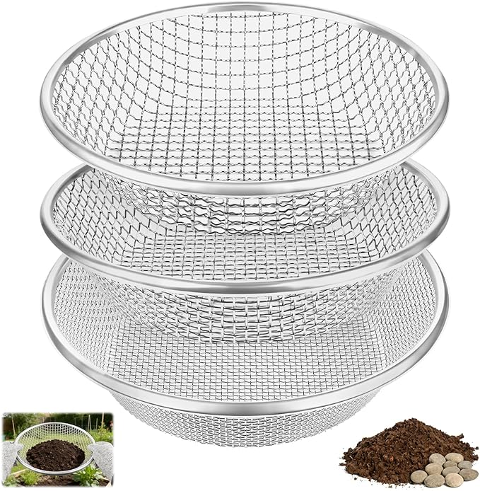 3PCS Soil Sifter for Gardening, Heavy Duty Rock Sieve Fits 5 Gallon Bucket, 3mm 6mm 10mm Galvanized Garden Sifter Compost Dirt Sifter, Sand Gravel Sawdust Pebbles