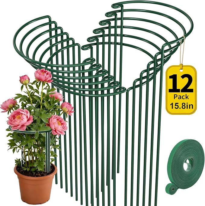 AMAGABELI GARDEN & HOME 12 Pack Plant Support Stakes 10" W x 15.8" H Peony Cage Heavy Duty Half Round Metal Garden Support Structures Plant Cage with Ties for Indoor Flower Tomato Hydrangea Monstera