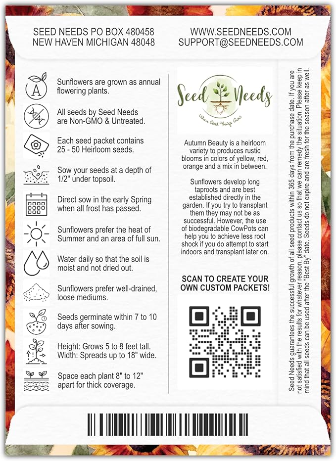 Seed Needs, Sunflower Seed Packet Party Favors - Pre-Filled Packs to Hand Out (Great for Weddings, Bridal Showers, Memorials, Fundraisers & Other Events) Heirloom & Untreated (20 Packets)