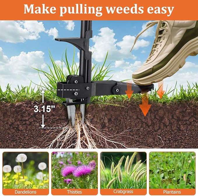 Weed Puller Tool with Long Handle, 43Inch Stand Up Weeder Hand Tool, Easily Remove Weeds Without Bending, Kneeling