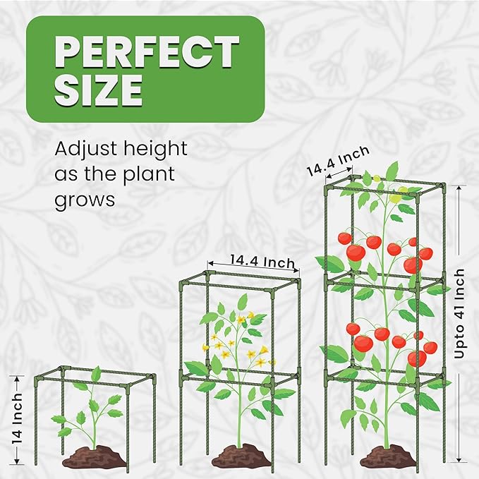 Tomato Cage Square - Large Trellis Stakes and Plant Support Structures for Vegetables and Climbing Plants - Tall Tomato Cages for Garden, Pots, Raised Garden Bed Outdoor Supplies (1 Pack - Up to 41")