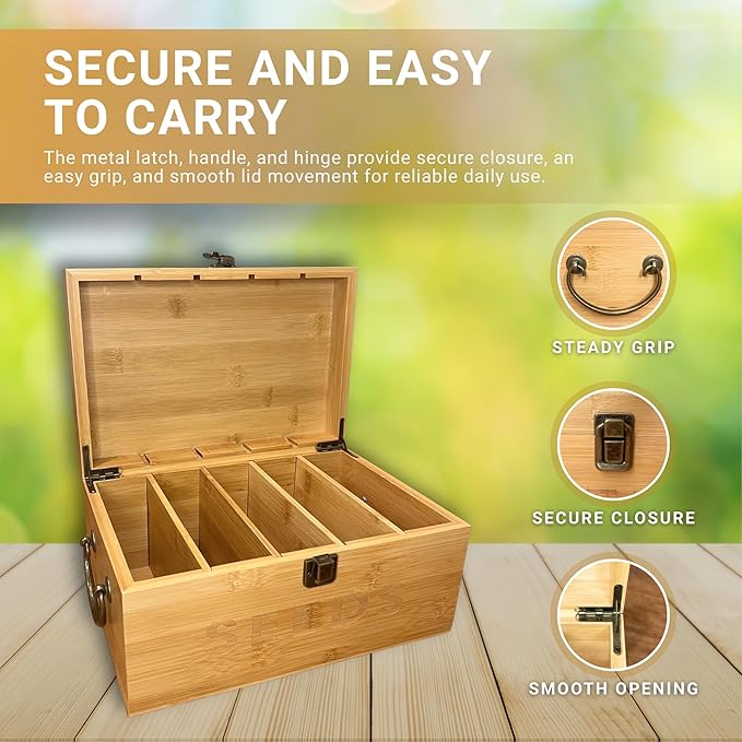 Nimpro Bamboo Garden Seed Storage Organizer Box, Wooden Seed Box with Removable Dividers, Metal Handle and Latch, Seed Keeper Organizer for Garden Seed Packets and Storage (10.59 x 7 x 5.12 in)