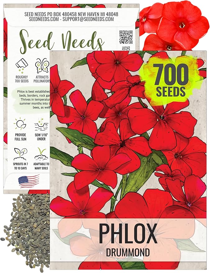 Seed Needs Phlox Seeds for Planting Red Drummond Phlox - Heirloom & Open Pollinated Annual Flowers to Attract Butterflies & Bees to a Butterfly Garden (1 Pack)