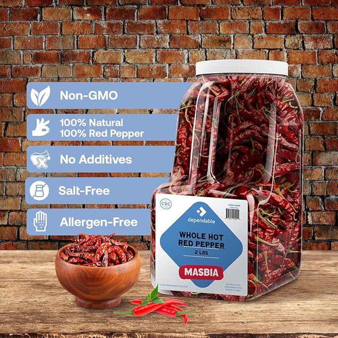 Dependable Foods Whole Red Hot Pepper– 2 Lb. Bulk Jar –- 100% Natural Intense Heat, Non-GMO, No Additives, Salt-Free Seasoning | Kosher, Allergen-Free