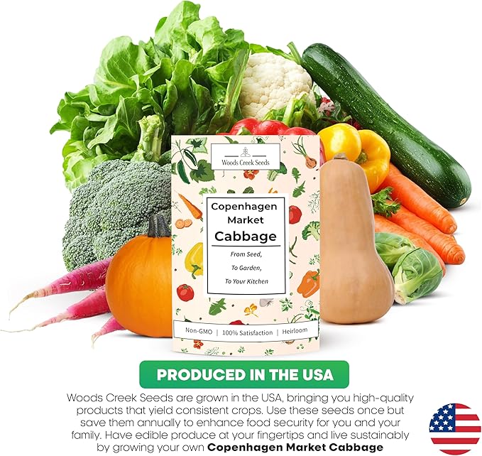 Woods Creek Seeds: Copenhagen Market Cabbage Seeds for Planting - Over 280 Heirloom Non-GMO Green Cabbage Seeds - Beginner-Friendly Vegetable Seed for Home, Indoor or Outdoor Gardeners