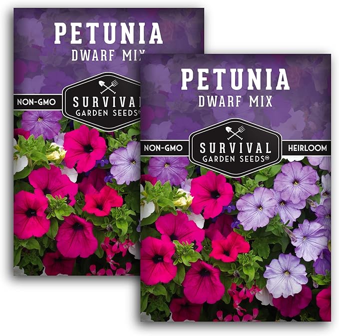 Dwarf Petunia Seed Mix for Planting - Plant & Grow Colorful Flowers to Attract Pollinators to Your Home Garden - Non-GMO Heirloom Variety - Survival Garden Seeds (2 Packs)
