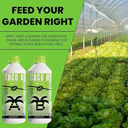 NUTRIFIELD Plant Nutrients Liquid Fertilizer 500 ML A 1-4-2 & 500 ML B 3-0-0.5 Plant Food Support Plant Growth Throughout Entire Cycle Veg and Flower Indoor Outdoor Hydroponic Coco Garden