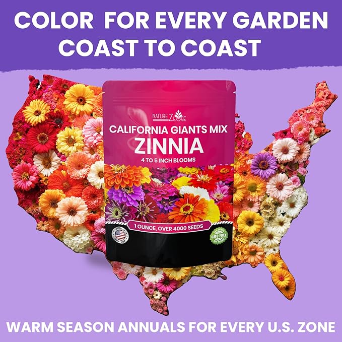 NatureZ Edge Zinnia Seeds for 2026 Planting Outdoors, Over 16,500 Flower Seeds, 1/4 lb, Non GMO Made in USA, Bulk Semillas De Flores para Sembrar, California Giants, Easy to Grow Zinnia Seed Mix