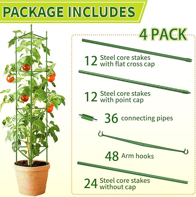 63-Inch Heavy Duty Tomato Cages, 4-Pack Extra Tall Metal Tomato Trellis, Steel Tube Plant Cage for Indeterminate Tomatoes, Cucumbers, Pole Beans – Rust-Proof Coated