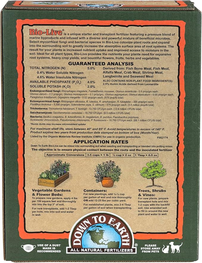 Down To Earth All Natural Fertilizers Organic Bio-Live Starter & Transplant Mix with Mycorrhizal Fungi and Benefical Microbes for Plant Food 5-4-2, 4 lb