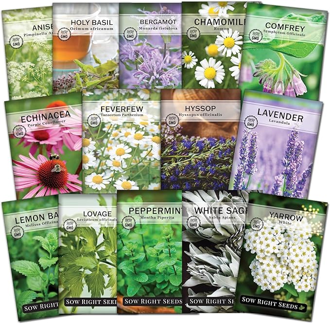 Sow Right Seeds - Large Medicinal Herb Seed Collection for Planting - Chamomile, Echinacea, Lavender, Mint, Lovage, Lemon Balm, & More - Non-GMO Heirloom for Home Remedies, Teas, Tinctures