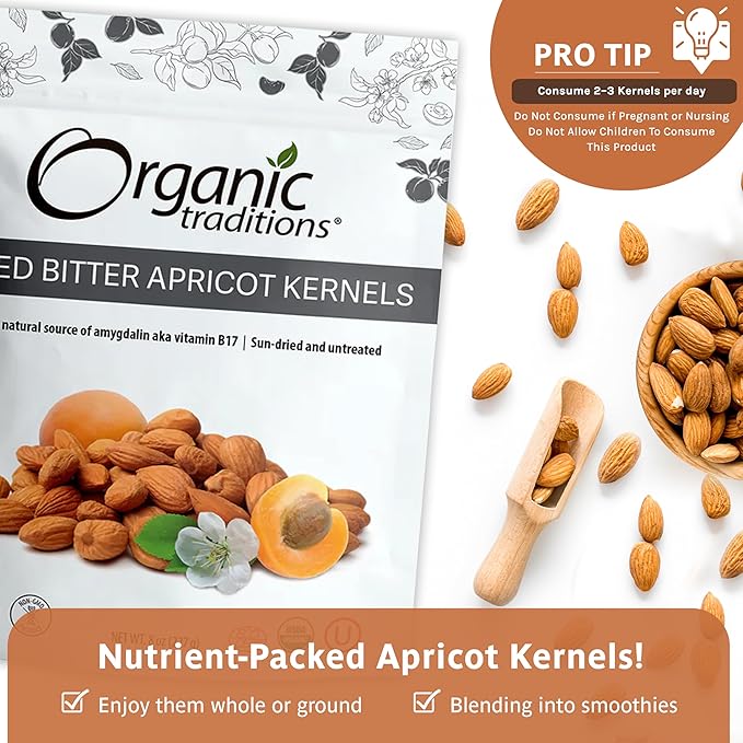 Organic Traditions Apricot Kernels – Sundried - Natural Source of Vitamin B17 – Sweet & Bitter Raw Apricot Seeds – 16oz