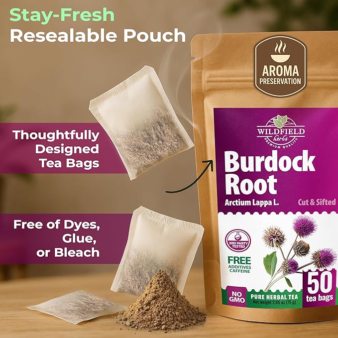 Wildfield Herbs 50 Bags Burdock Root Tea Herb Dried Burdock Root Tea Herb (Arctium Lappa Root) - 50 Count 1.5g Bags Bardana