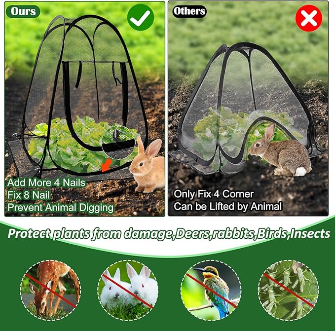 2pcs Pop Up Mesh Plant Protectors from Animals,Large Plant Netting Guard Cover with 8 Stake Crop Cage Fine Mesh Plant Tents for Protect Flower Tomato Vegetable from Deer Cat Bird Squirrel, 28x28x34 In