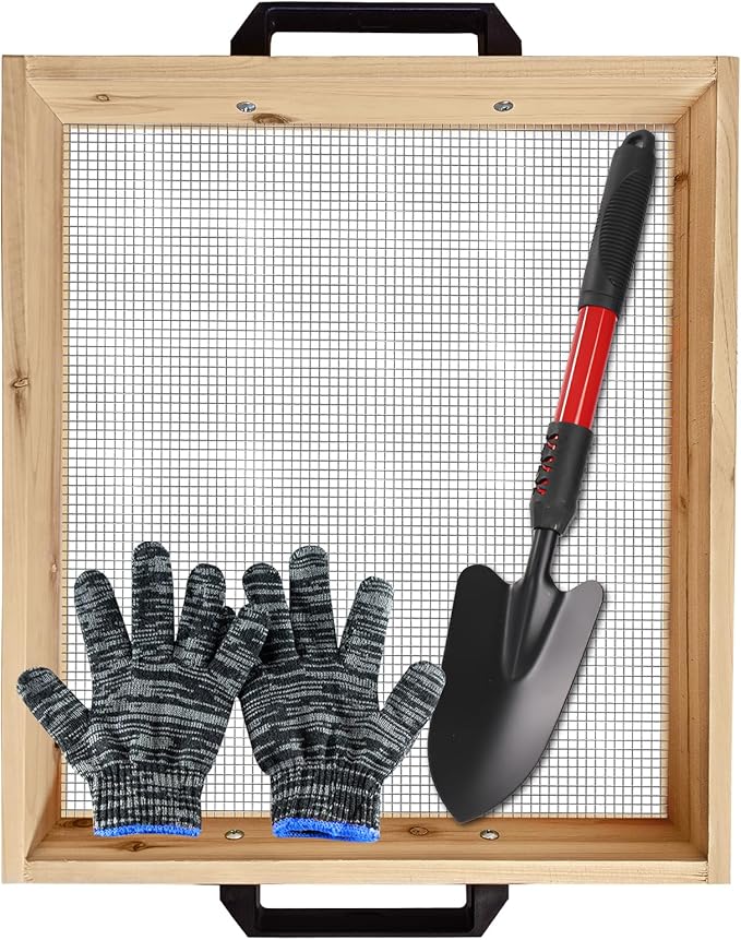 19" x 16" Large Soil Sifter for Gardening, Wooden Compost Sifter, Dirt Sifter, Rock Sifter, Soil Sieve with 1/4in Sifting Screen, Sifting Peat Moss Gravel for Wheelbarrow Trowel Tool Set