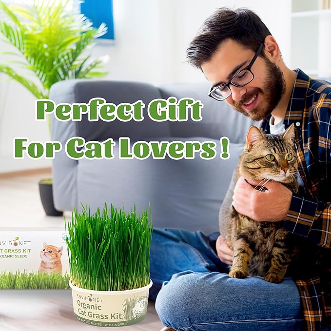 Environet Cat Grass Kit for Indoor Cat, Organic Grass Growing Kit with Seeds, Soil and Planting Tools, Quick Germination, Perfect for Beginners