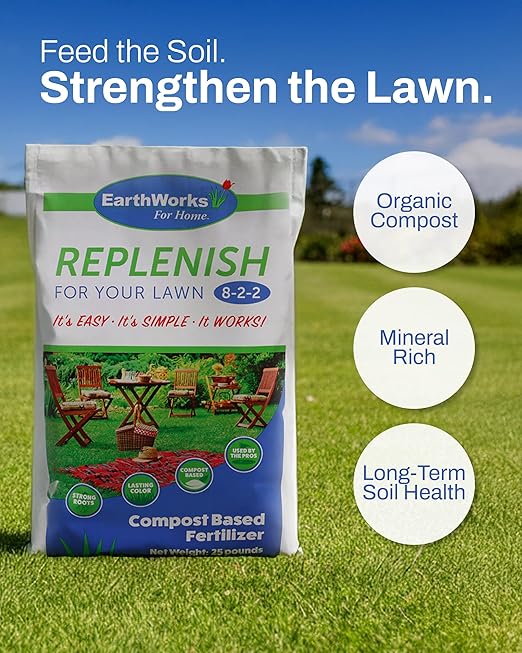 EarthWorks EW4H Replenish Lawn Fertilizer, Organic Compost Grass Food, Deep Root Turf Booster, Year-Round Green, Soil-Building Formula for All Seasons, 25 lbs