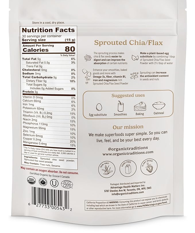 Organic Traditions Sprouted Chia and Flax Seed Powder Organic Chia and Organic Flax for Plant Based Non-GMO Superfood 454g/16oz Bag