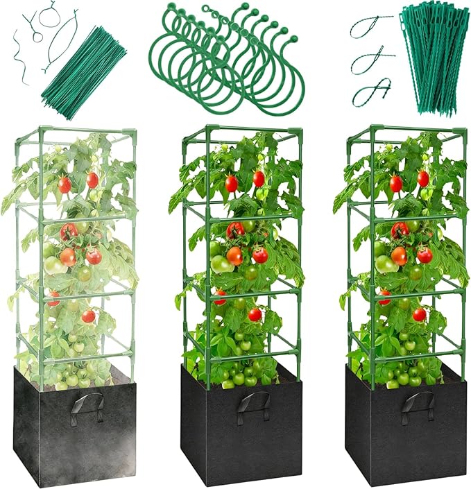 3 Pack Tomato Cages with 17 Gallon Grow Bags - 48 Inch Square Plant Support Trellis Tomato Planter Pots Kit - Garden Stakes for Vertical Climbing Plants Vegetable Flower Fruit Outdoor Indoor