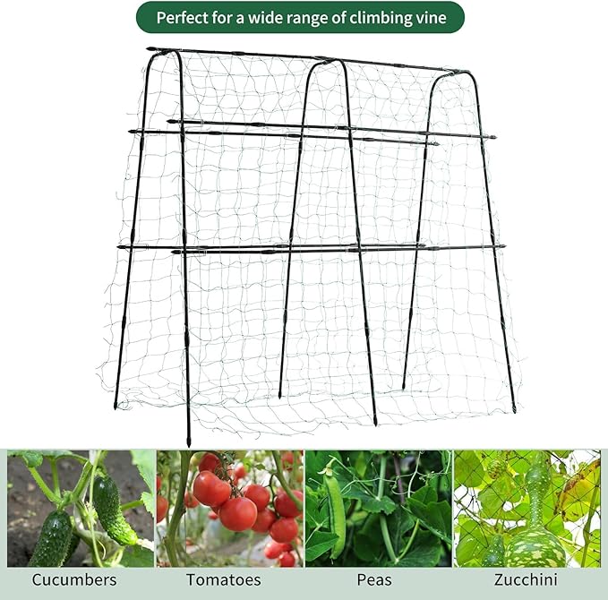 lalahoni Garden Cucumber Trellis for Climbing Plants Outdoor, 5.3 FT Tall Metal Arch Plant Support Vegetable Fruit Flower Vine Plant, Pea Tunnel A-Frame Raised Bed, with Netting, Black, RJ-HPZZ160