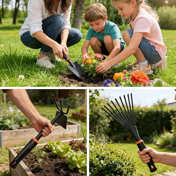 5 Pack Garden Tool Set, Gardening Hand Tools with Rubber Handle, Including Trowel, Rakes, 2-in-1 Hoe and Crack Weeder for Planting, Weeding, Transplanting, Digging, Trimming and Clearing