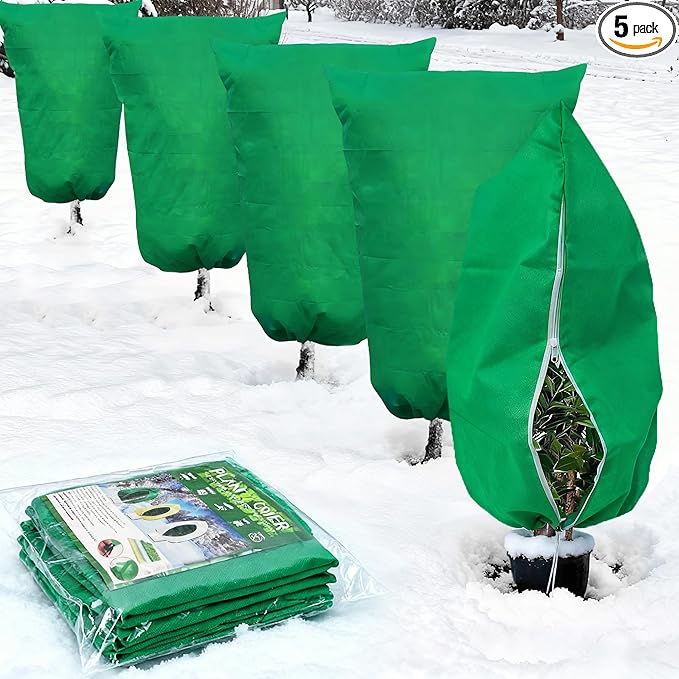 Spring Plant Covers Wind and Frost Protection, Reusable & Breathable Non-Woven Fabric Plant Covers with Zipper Drawstring to Protect Trees, Garden Flower, 5 Pack, Green, 31.5" x 47.3"