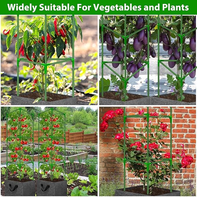 Tomato Cages for Garden with 3 Grow Bags 10 Gallons, 3 Pack Metal Tomato Cage Trellis, Garden Cage Heavy Duty Tomato Stake Support