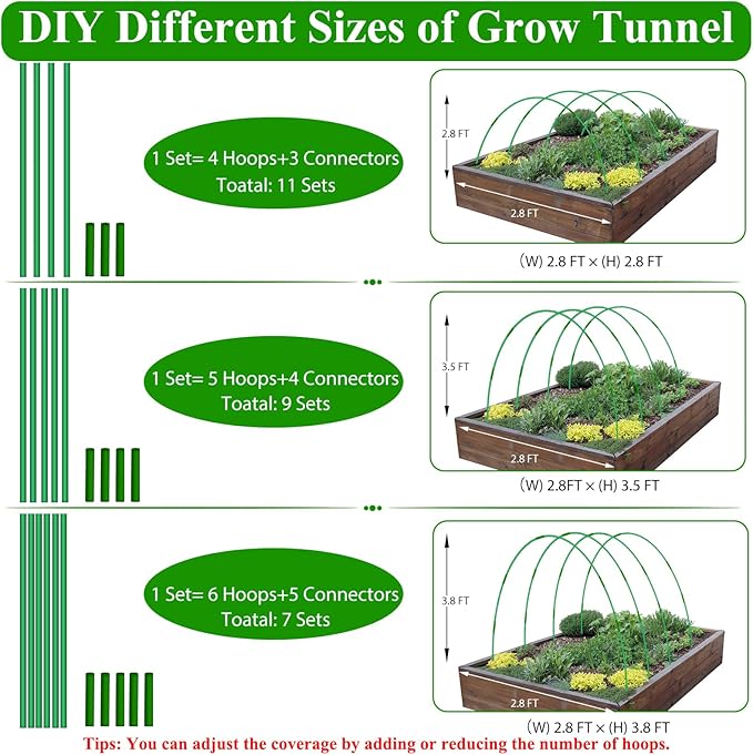 45 PCS Garden Hoops for Raised Beds 9 Sets Garden Tunnel Hoops Greenhouse Hoops Grow Tunnel, Upgrade Rust-Free Fiberglass Garden Hoop for Row Netting Cover, DIY Garden Support Hoop Arch Frame