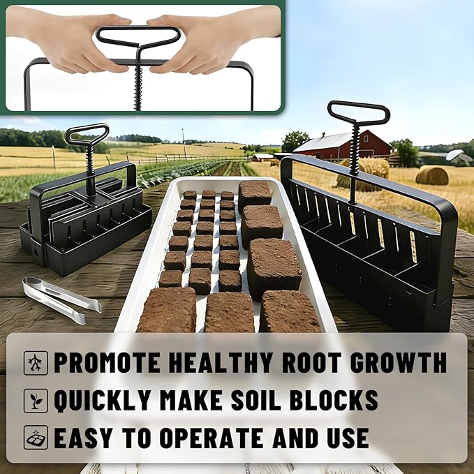 Soil Block Maker Bundle - Large 2" and Small 0.67" Handle Manual Soil Blocker 2 Inch with 3 Types of Seed Pins, Seedling Tray, Grow Tweezer - Seed Starter Tool for Garden Seedlings, Cuttings
