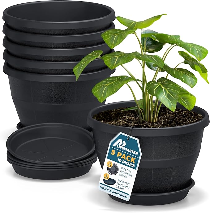 10-Inch Whiskey Barrel Planters Outdoor Pack of 5 - Durable Plastic Plant Pots for Indoor & Outdoor Use with Drainage & Saucer, Lightweight Rustic Barrel Planters for Flowers, Herbs & Small Plants